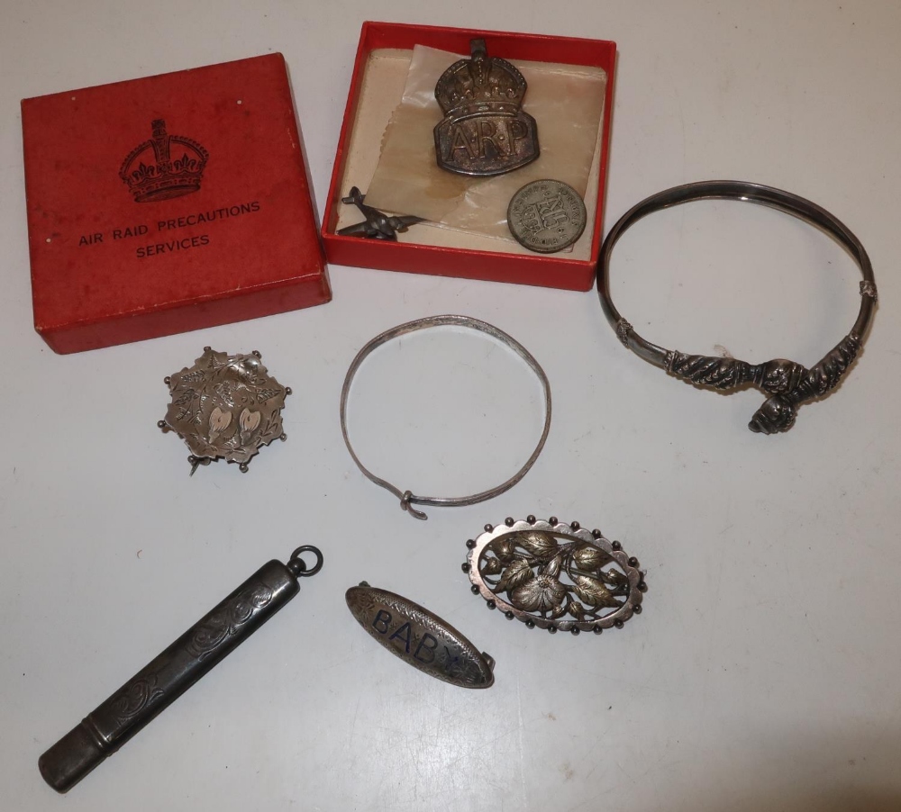 Victorian and later hallmarked silver: two brooches and enameled Baby brooch, a pencil, ARP badge