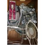 Three EPNS trays, other EPNS and chrome ware including wine bottle holders etc in one box