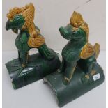 Pair of Chinese green glazed ridge tiles, one mounted with a horse, the other with a cockerel (