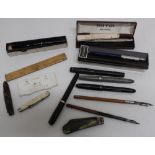 Boxed Parker fountain pen, Watermans Osmiroid and other fountain pens, boxed Yard.o.Led hallmarked