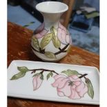 Small squat Moorcroft floral pattern vase (height 13cm) and matching rectangular tray (2)