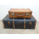 Vintage wooden bound trunk (92cm x 54cm x 32cm) and a Vintage suitcase with leather corners (2)