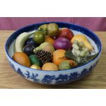 Large Royal Doulton blue & white bowl with faux fruit (diameter 37cm)