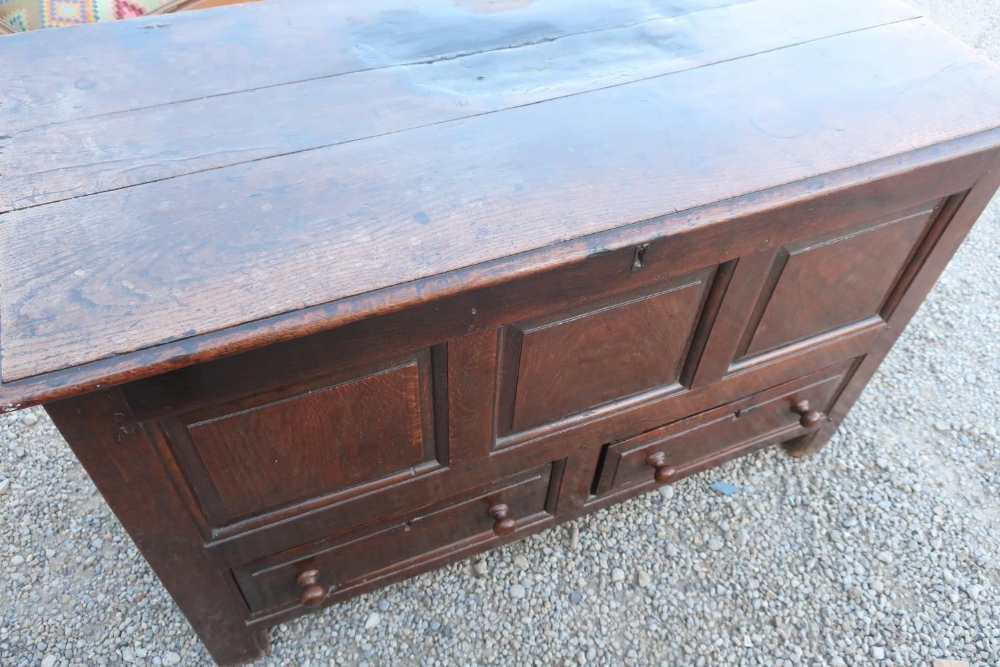 Late 18th C oak mule chest with hinged top with wire-work hinges, panelled sides and front above two