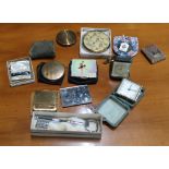 Six musical and other vintage powder compacts, three travelling clocks, a Good Luck key, Liberty