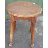 Circular copper top bar type table on oak supports (diameter 61cm, 76cm high)