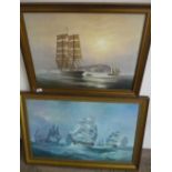 Roger Desoutter gilt framed print of Lady Isabelle, and another of naval battle (2)