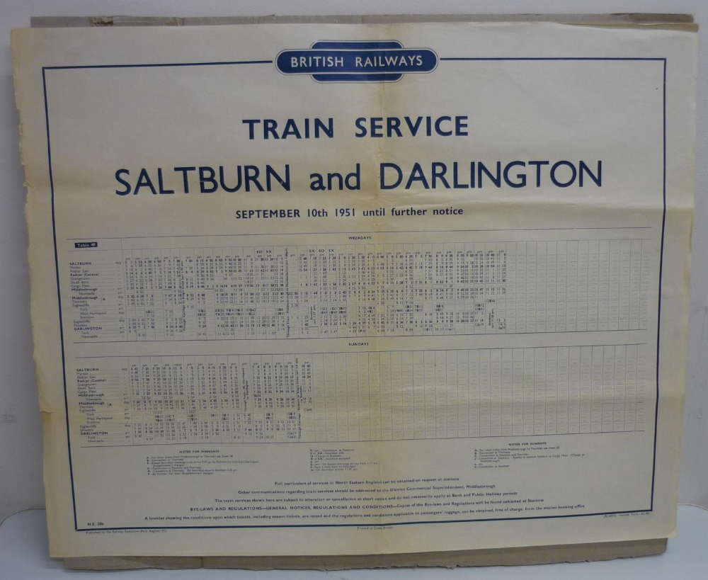 1950s British Railways train service timetable poster for Saltburn and Darlington