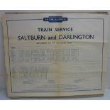 1950s British Railways train service timetable poster for Saltburn and Darlington