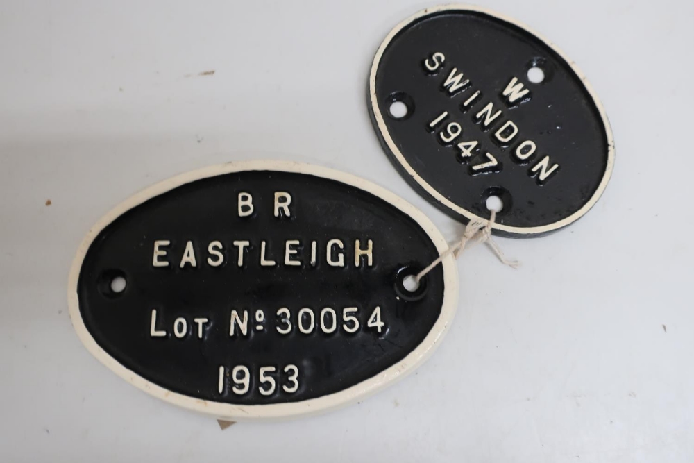 Cast metal and painted oval coach plate, BR Eastleigh Lot 30054 1953 and another W Swindon 1947 (