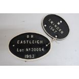 Cast metal and painted oval coach plate, BR Eastleigh Lot 30054 1953 and another W Swindon 1947 (