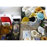 Collection of ceramic brewery advertising items, whisky water jugs, ashtrays etc