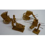 Collection of Japanese carved soft wood models including two rickshaws, hand cart, Sedan chair etc