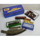 A Hornby Dublo D1 Through Station and a similar D1 Signal Cabin, both boxed, and a selection of Hor