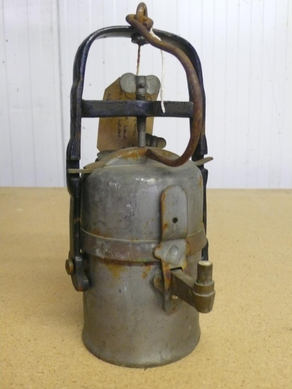 Premier Lamp and Engineering Co. carbide lamp (24cm), provenance ex Mining Museum, stamped GPO 1957