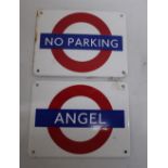 Two small London Underground enamel signs, Angel and No Parking (13cm x 9.5cm)