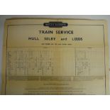 1950s British Railways train service timetable poster Hull, Selby and Leeds