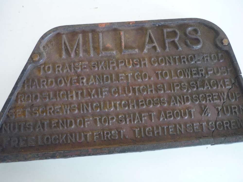 Cast iron sign, Millars 'To Raise Skip Push Control Rod ... Free Lock Nut First, Tighten Set
