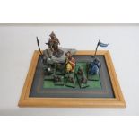 Fine small scale painted metal models, five archers, three mounted knights, and a Roman centurion (
