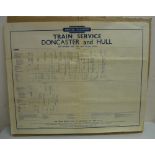 1950s British Railways train service timetable poster for Doncaster and Hull