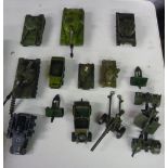 Collection of Dinky, Britains, Corgi and other die-cast model military vehicles including 8mm gun