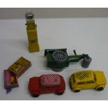Tri-ang Minic tinplate model of a steamroller, two Scalextric racing mini cars, lead horse and
