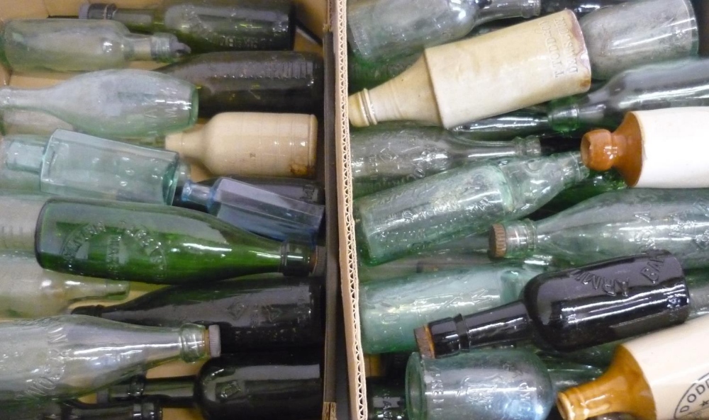 Collection of various bottles included codd, green, brown glass and some ceramic (two boxes)