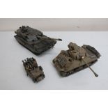 Collection of ten Tamiya kit built scale models of military vehicles, tanks, jeeps, etc, with