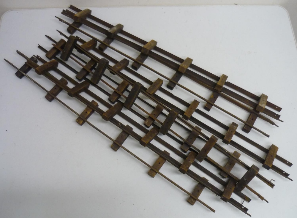 Seven straight sections of Bowman wooden sleeper track