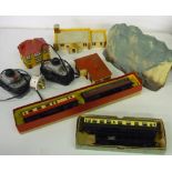 Two Trix tinplate coaches in box (no lid), Jouef composite coach and a car transporter, a collection