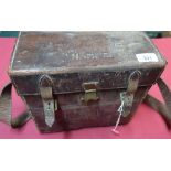 Unusual vintage leather cartridge case with shoulder carrying strap, hinge lift up top and full
