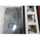 Framed and mounted early 20th C black and white photograph of hunter and buffalo, and a framed and