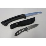 Hunting knife 4in blade with pieced handle in sheath, and a Gerber folding saw (2)