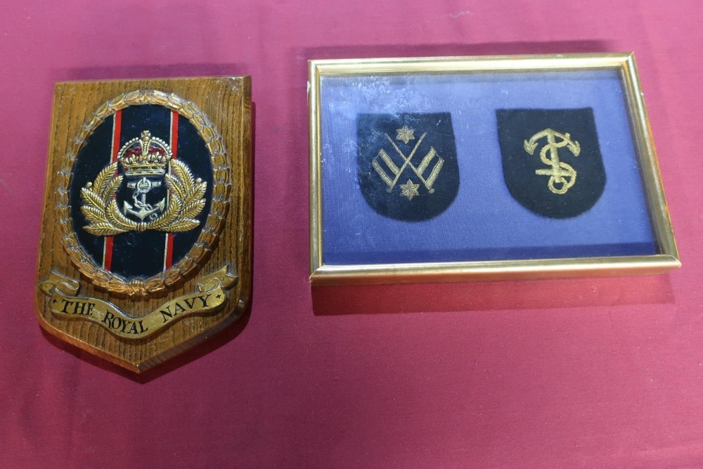 Royal Navy oak wall shield with brass plaque to the rear marked 'The Memory Of My Son Ralph. H