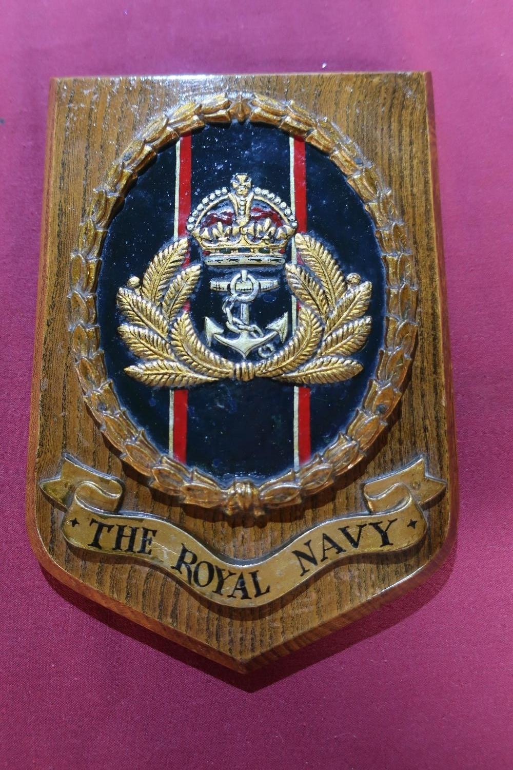 Royal Navy oak wall shield with brass plaque to the rear marked 'The Memory Of My Son Ralph. H - Image 2 of 5