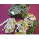 Military style canvas haversack and various combat 95 Desert DPM pouches and bayonet frog