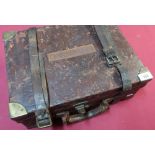 Vintage leather and brass mounted oak lined five divisional cartridge box and trade label for W