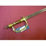 18th C walking out sword with brass stirrup hilt and cast foliate decoration, urn shaped pommel,