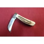 Sheffield made single bladed pruning type knife with two piece Sambar horn grips