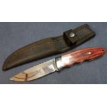 Sheath knife with 4 inch blade and 2 piece wooden grips complete with belt sheath