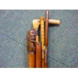 Antler handled walking stick, another with handle carved as a Native head, two gun cleaning rods and