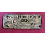 Cast metal limber plaque marked Wagon Limbered G.S, C & S Ltd Hind 11/1916RNE134501 (15.5cm x 6cm)