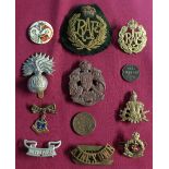 Selection of various British military cap badges and shoulder titles including RAF, Royal Ordnance