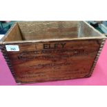 Wooden packing type ammo crate stamped Eley small arms ammunition 500 20g cartridges with various