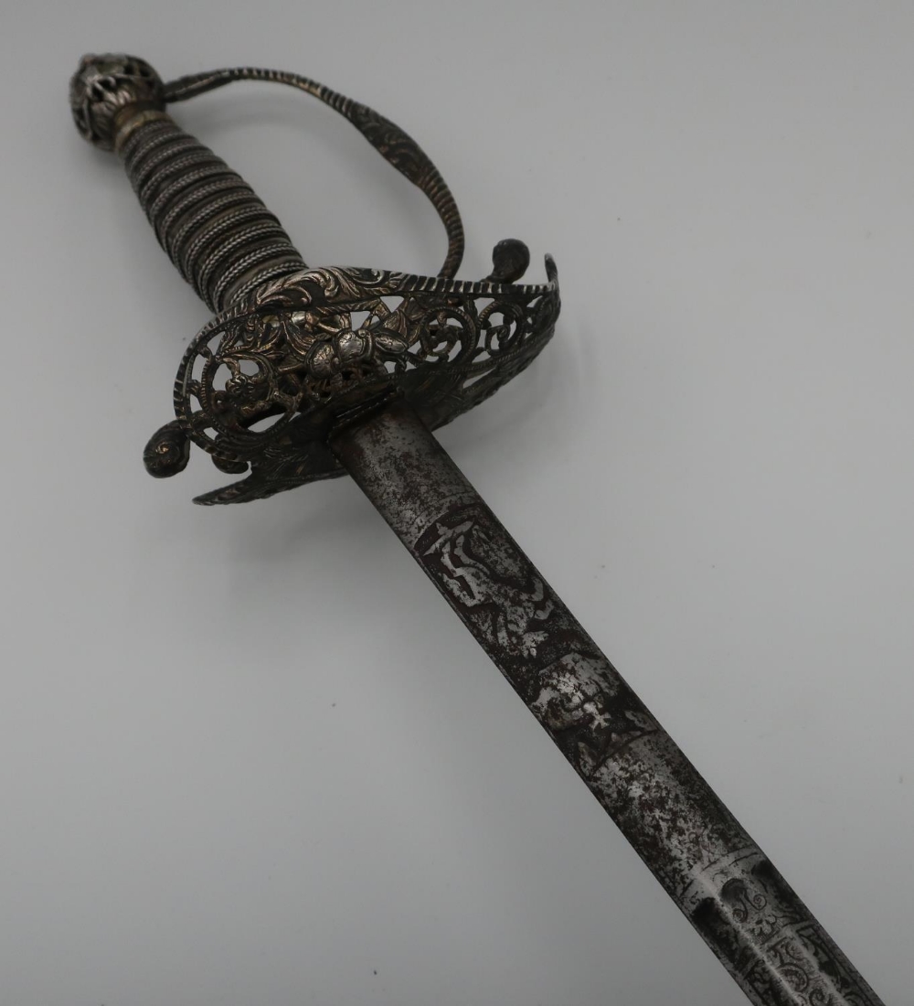 Early George III 18th C silver hilted sword with 30 inch double edged straight blade with engraved - Image 2 of 6