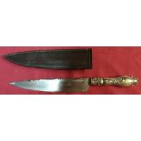 19th C sheath knife with 8 inch tapering blade with makers mark for Deakin Ecroyd & Co, with tiger