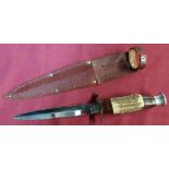Sheffield made J Nowill & Son sheath knife with 6 1/4 inch double edged stiletto blade, with brass