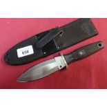 Boker knife with 4.5" double edge swollen signed blade, serial number 3144 complete with belt sheath