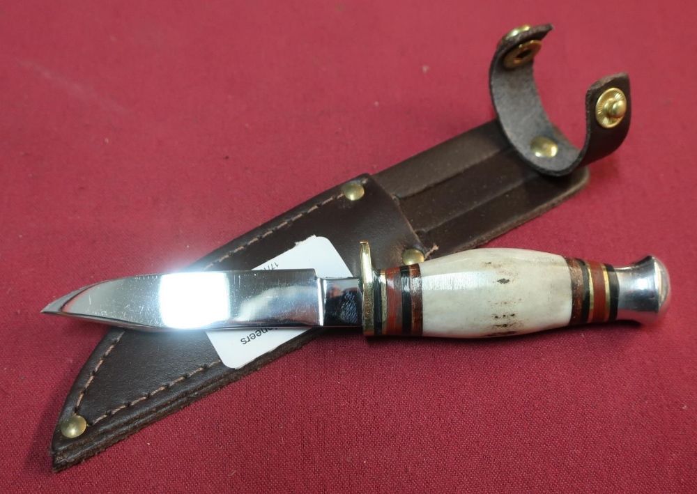 Miniature style style sheath knife by J Nowill 2.5 inch blade, swollen antler grip with leather