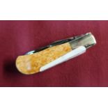 Small vanadium twin bladed pocket knife with two piece polished horn grips